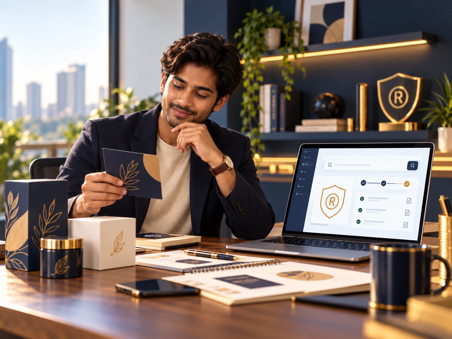 Founder reviewing brand packaging and trademark preparation