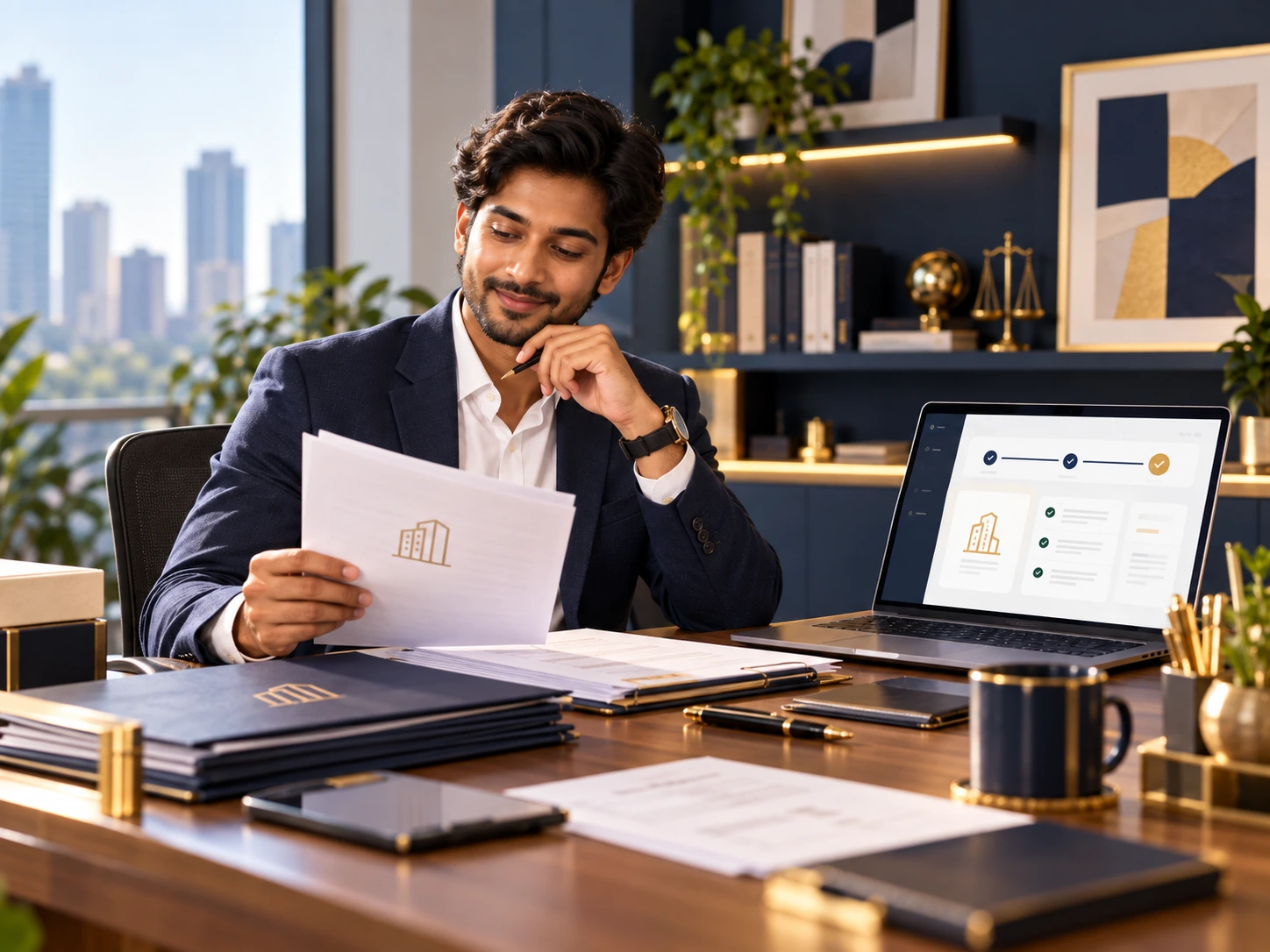 Male business founder reviewing company registration documents
